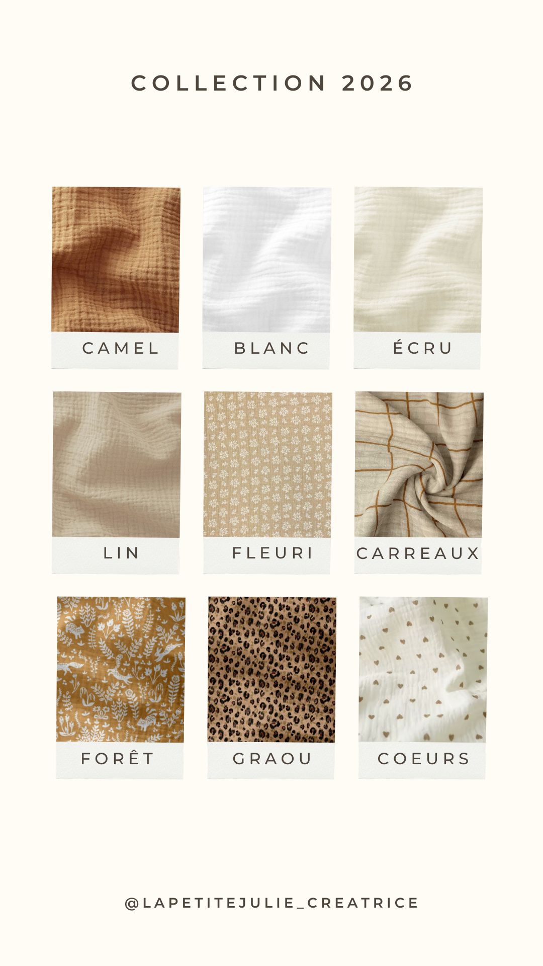 choix de tissus pour bavoir maternelle personnalisé collection 2026 avec motifs forêt, carreaux, fleuri et couleurs camel écru blanc