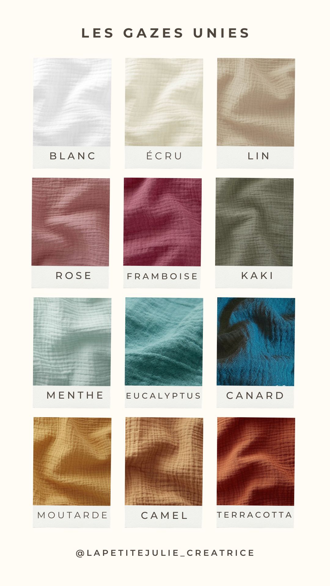 choix de tissus gaze de coton unie pour bavoir maternelle personnalisé en blanc écru rose framboise kaki menthe et terracotta