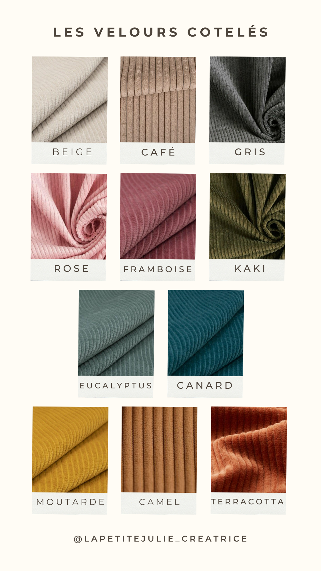 coloris des velours côtelés disponibles pour la réalisation des créations personnalisées