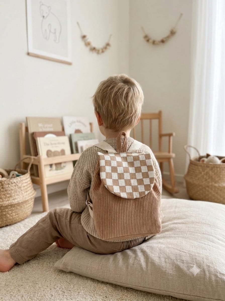 sac à dos maternelle damier porté par un enfant