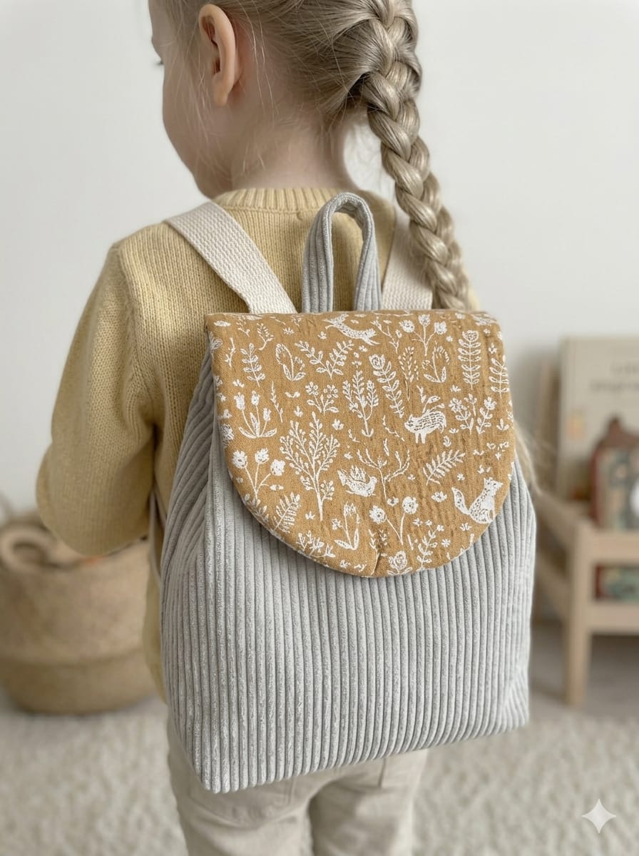 Enfant portant un sac à dos maternelle personnalisable en velours côtelé gris avec rabat à motif nature marron, idéal pour école ou crèche.