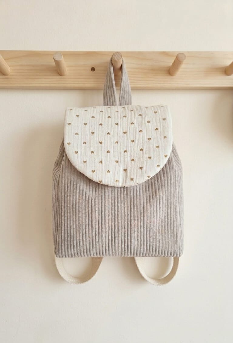 Sac à dos maternelle en velours côtelé beige suspendu avec rabat en gaze de coton écrue à motif petits cœurs, parfait pour école ou crèche.