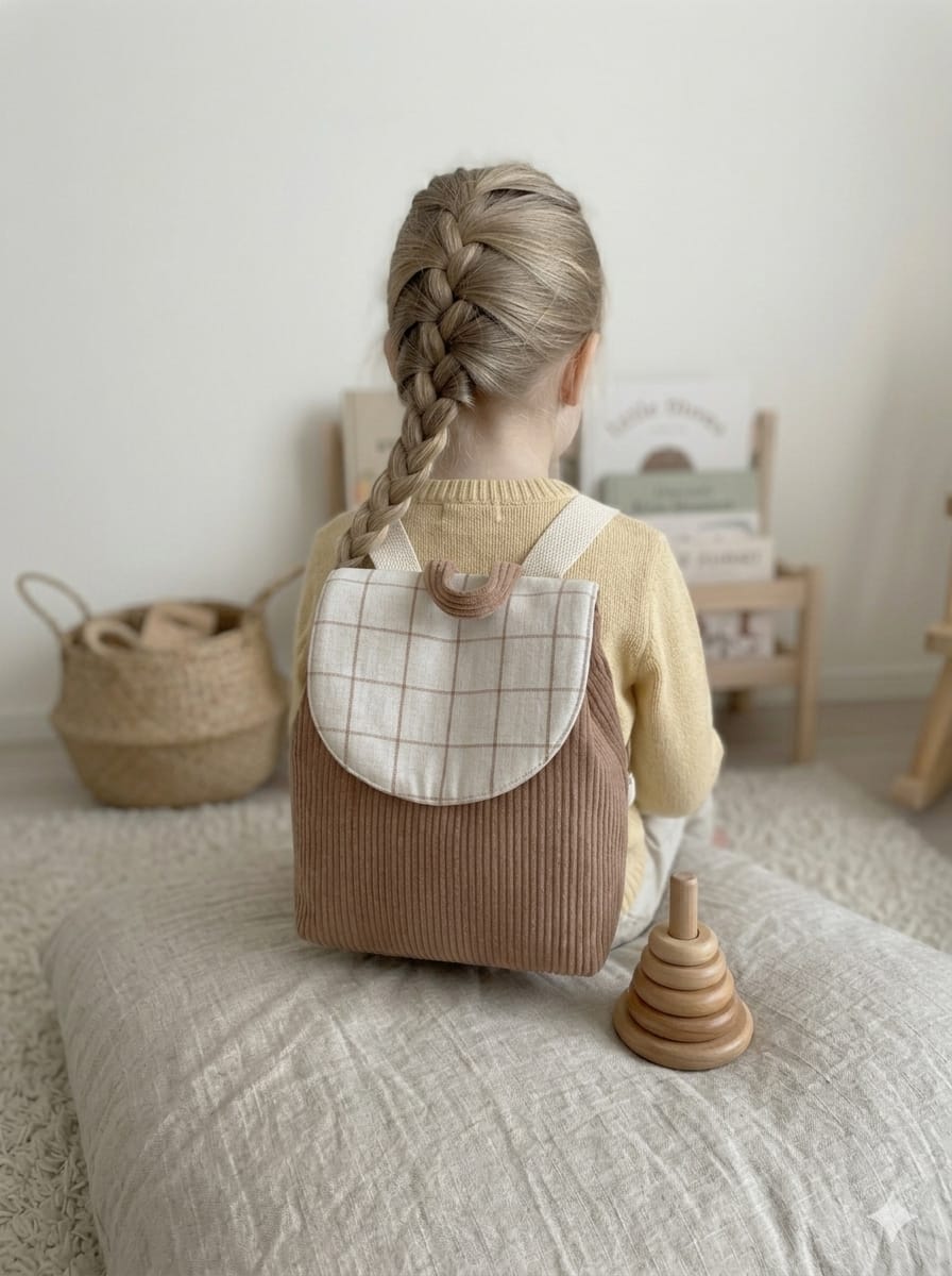 Enfant portant un sac à dos maternelle personnalisable en velours côtelé beige avec rabat en tissu à carreaux, idéal pour école ou crèche.
