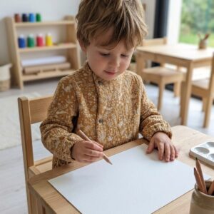 tablier école forêt porté par un enfant lors d’une activité créative