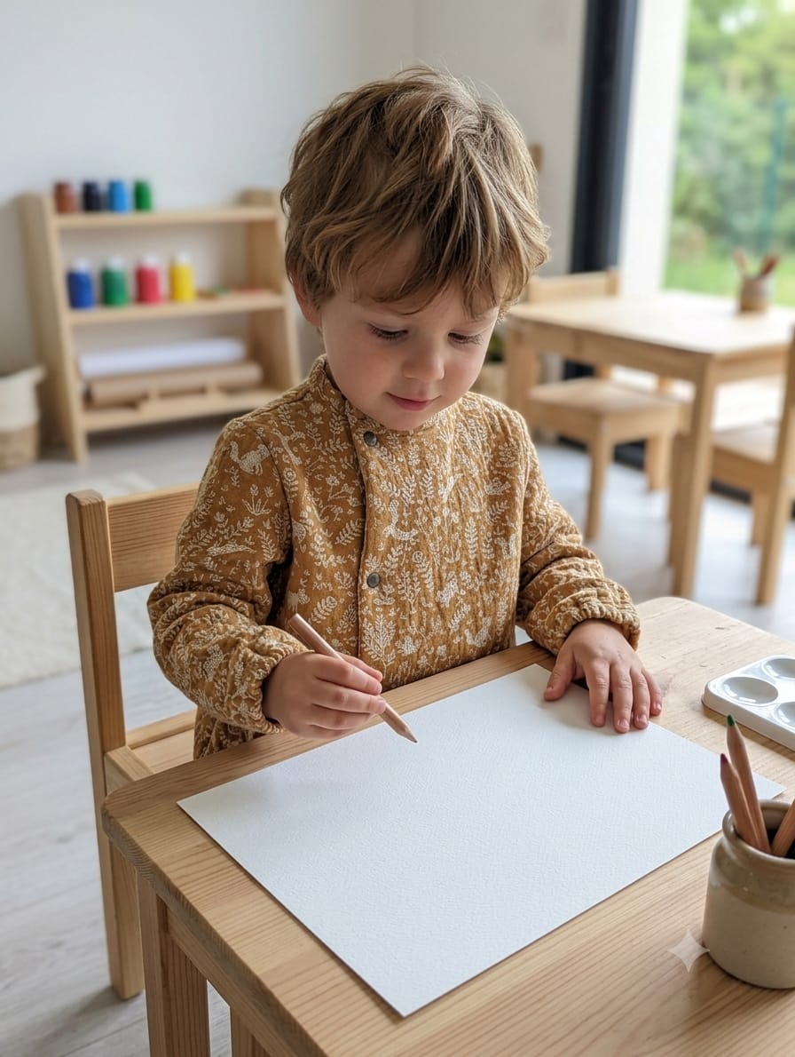 tablier école forêt porté par un enfant lors d’une activité créative